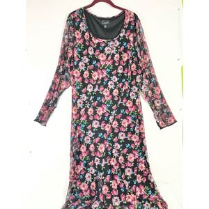 Connected Apparel Floral Mesh Overlay Long Sleeve Dress Women 24W Black Pink